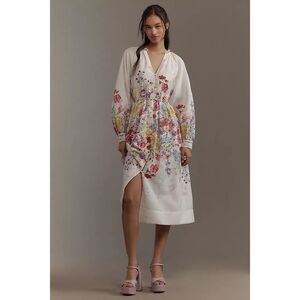 Anthropologie x Let Me Be Long-Sleeve V-Neck Floral A-Line Midi Dress Size S